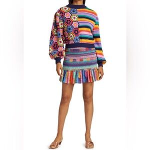 Farm Rio Revolve Anthropologie Women’s Smocked Embroidered Stripe Mini Skirt XS